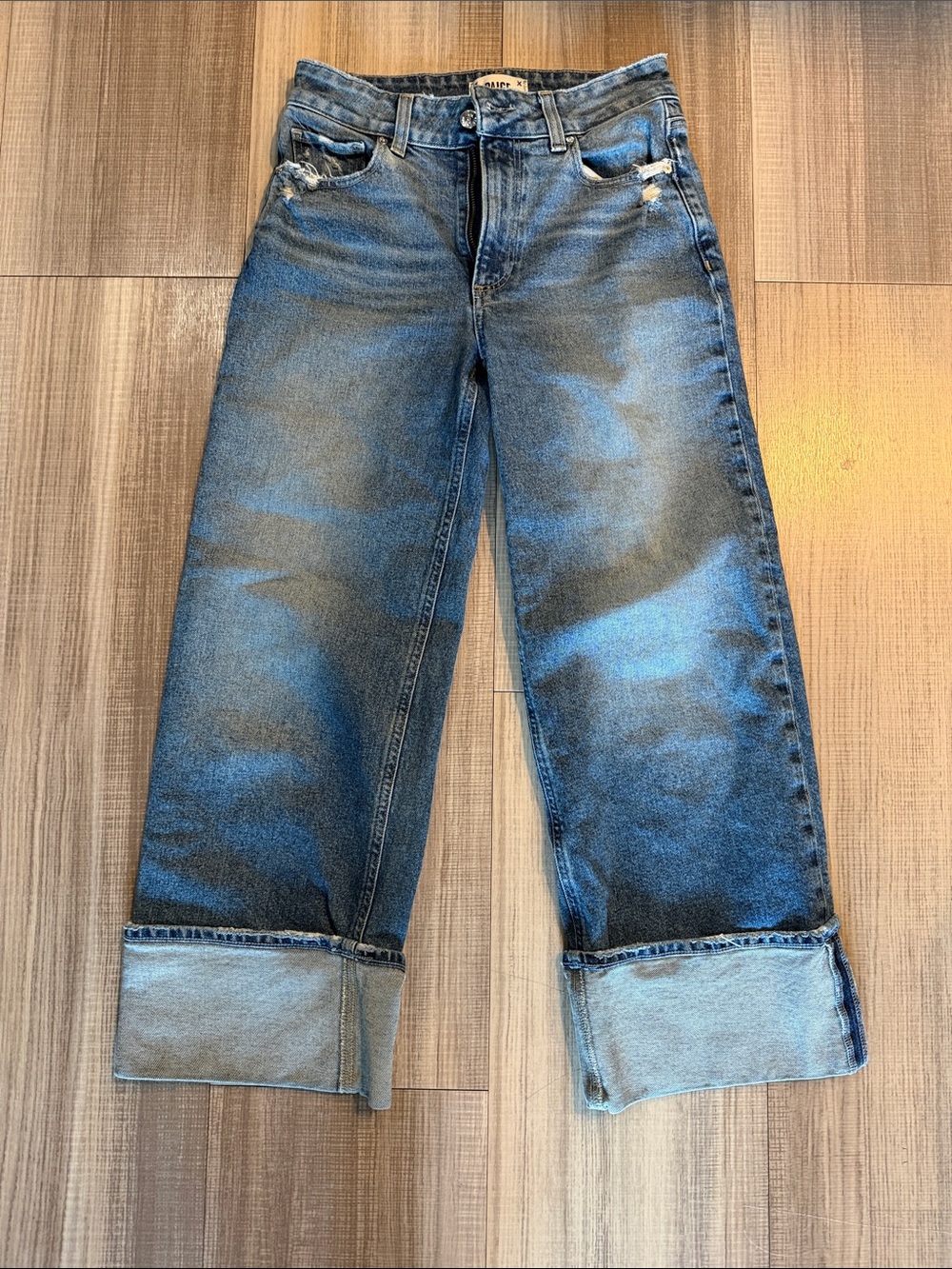 PAIGE Dark Blue Wide-Leg Cuffed Jeans